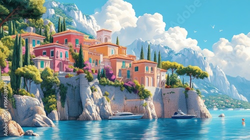Colorful houses perched on a cliff overlooking a calm turquoise sea with a backdrop of snow-capped mountains and lush greenery.