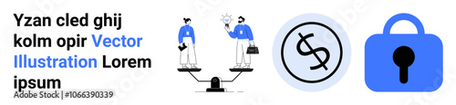 Businesspeople analyzing data on a balance scale, currency in a circle, and a padlock. Ideal for business analysis, financial services, currency exchange, data security, investment, corporate