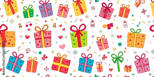 Colorful Christmas pattern with gift boxes and pine branches on a white background.