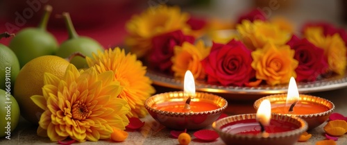 Close-Up of Sacred Chhath Puja Offerings with Fresh Fruits, Flowers, and Diyas Arranged for the Sun Worship Ritual. photo