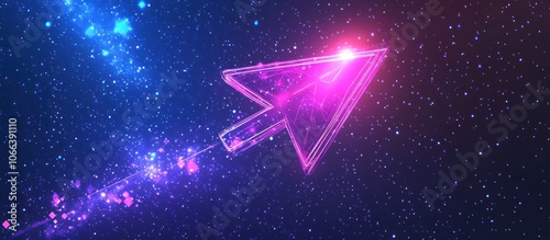 neon speed arrow up. Boosting and fast growth cyberpunk icon on technology blue-purple starry sky background