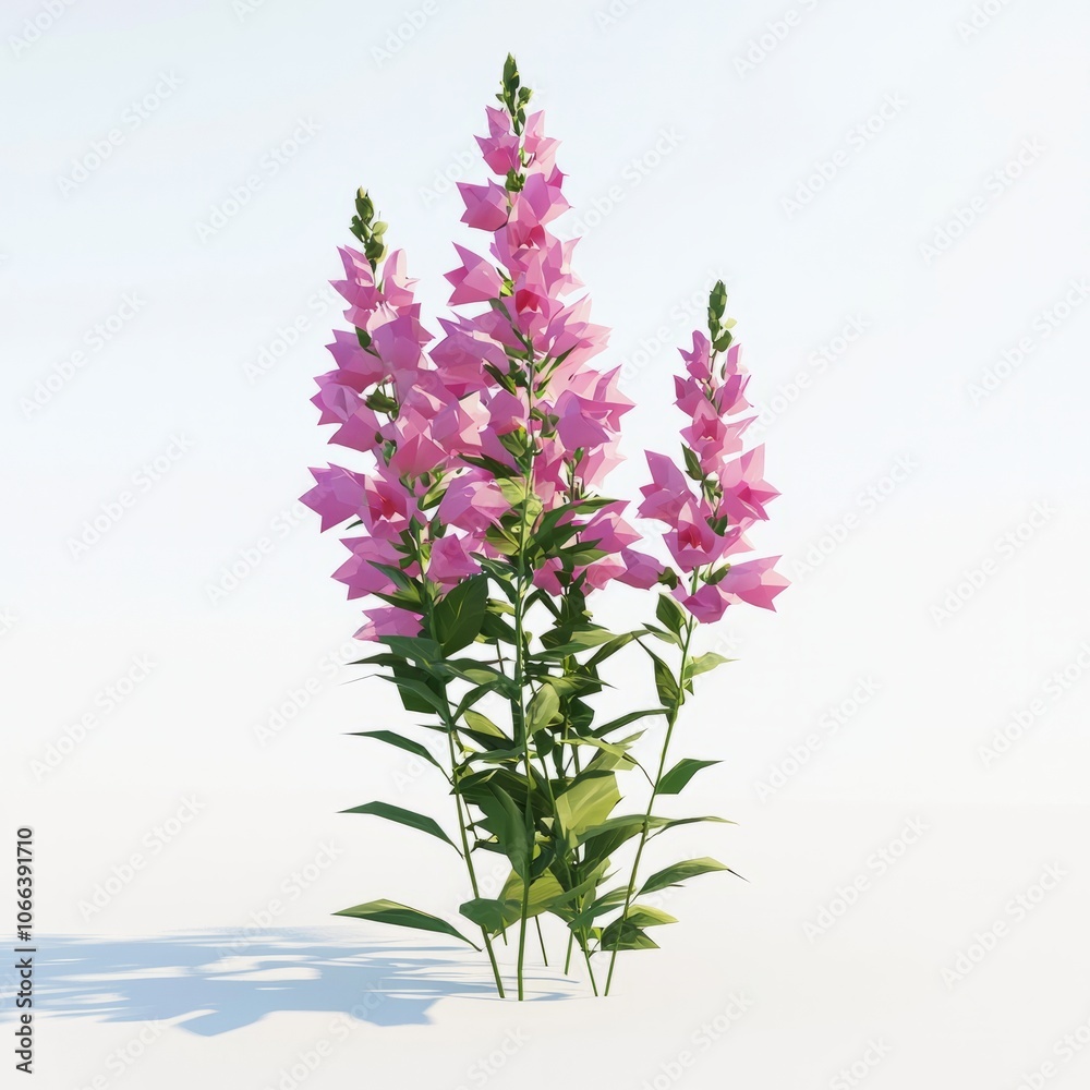 3D Render, Low Poly style of a snapdragon with tall spires of pink flowers, on isolated white background