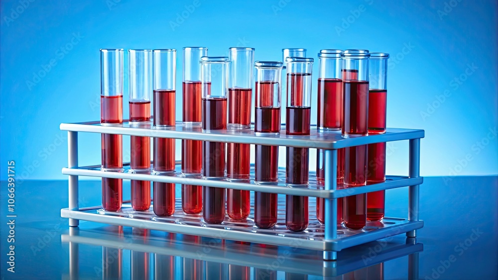Laboratory blood samples in test tubes on blue rack, medical, healthcare, clinic, science, research, analysis, laboratory Laboratory blood samples in test tubes on blue rack, medical, healthcare, clinic, science, research, analysis, laboratory