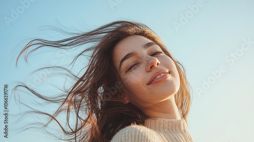 Woman with hair blowing wildly in strong wind