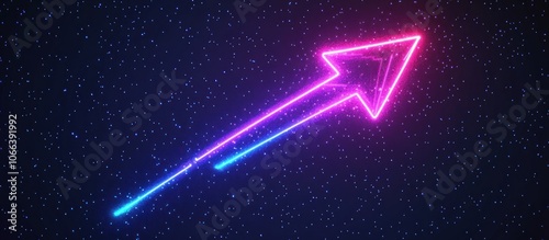 neon speed arrow up. Boosting and fast growth cyberpunk icon on technology blue-purple starry sky background