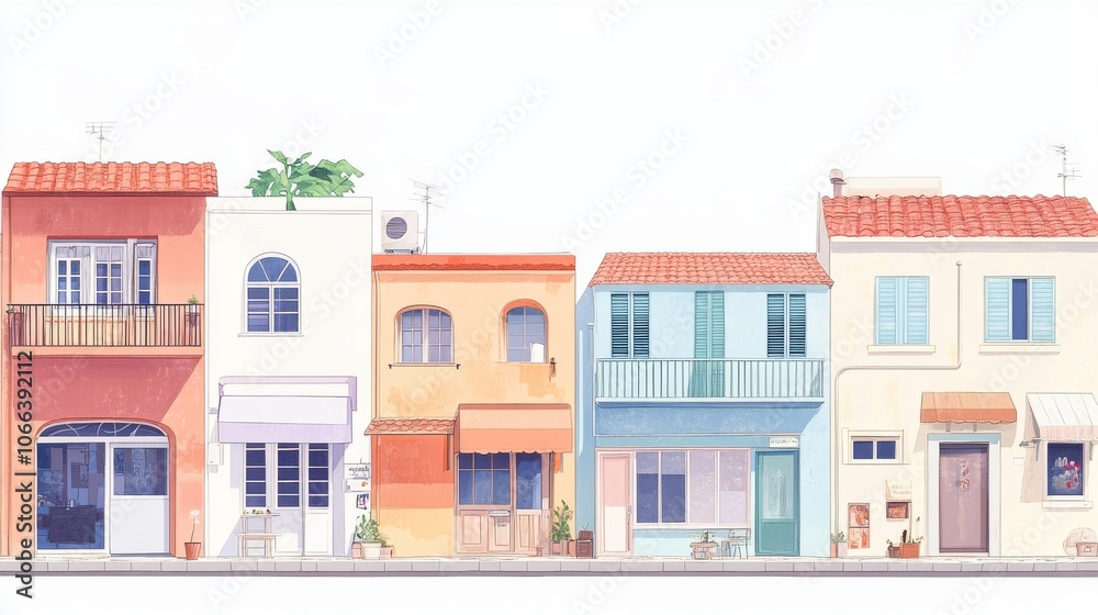 row of houses next to each other, front view of closed shops row of houses next to each other, front view of closed shops