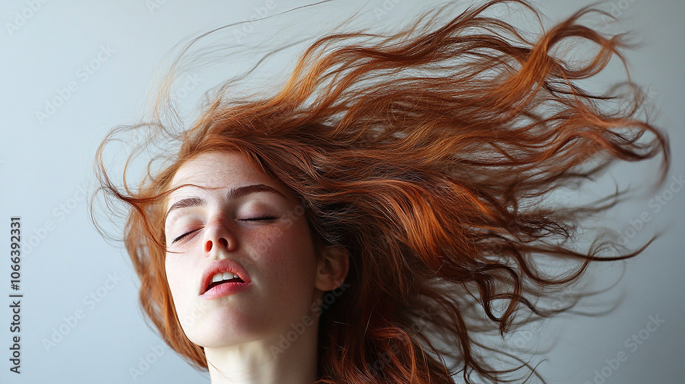 Woman with hair blowing wildly in strong wind Woman with hair blowing wildly in strong wind