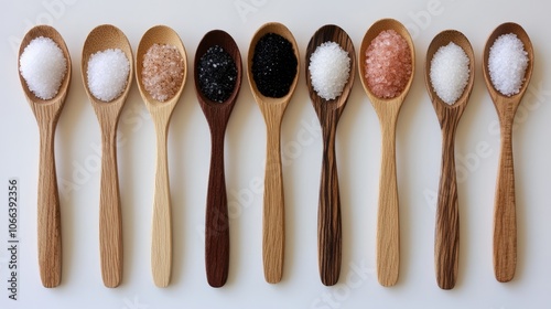 A Set of Wooden Spoons with Varieties of Colorful Salts Displayed Neatly, Highlighting Textures, Colors, and Rustic Culinary Ingredients for Gourmet Cooking