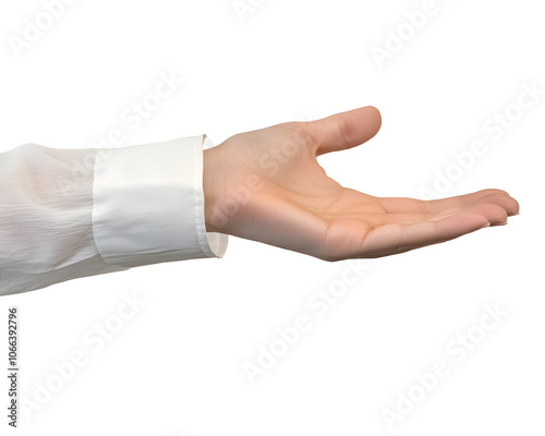 A hand in a white shirt holds something on transparent background