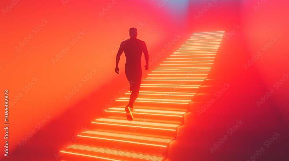 Human figure running up a staircase with glowing steps, 3D illustration Human figure running up a staircase with glowing steps, 3D illustration