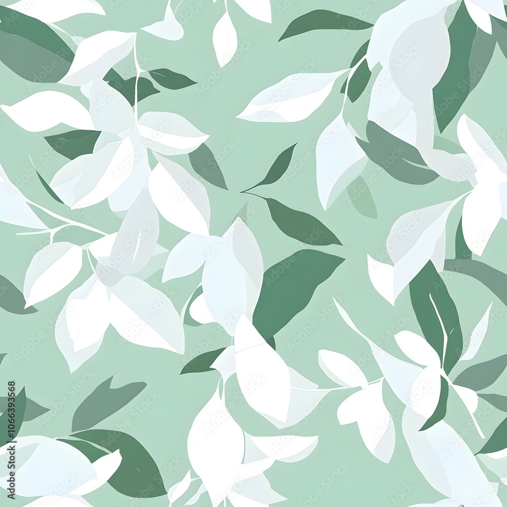 Abstract floral pattern with white and green leaves on a mint green background. A beautiful seamless pattern for design projects. Abstract floral pattern with white and green leaves on a mint green background. A beautiful seamless pattern for design projects.
