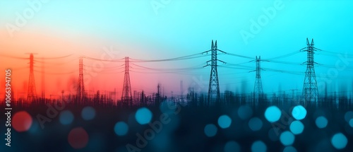 Sprawling pipeline network stretching across the landscape with a dramatic double exposure silhouette effect set against a vibrant sunset or sunrise sky