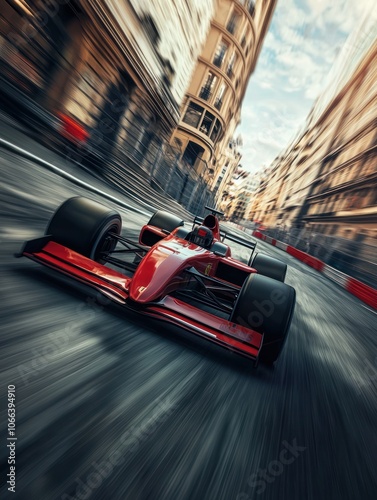 Red Formula 1 car speeding through a tight urban street circuit, thrilling high-speed action with dynamic cityscape