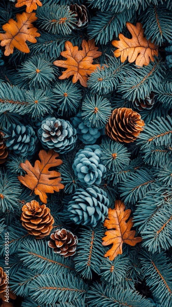 Autumn-inspired arrangement featuring blue spruce leaves, pine cones, and oak leaves. A stunning blend of textures and colors for seasonal themes. Autumn-inspired arrangement featuring blue spruce leaves, pine cones, and oak leaves. A stunning blend of textures and colors for seasonal themes.