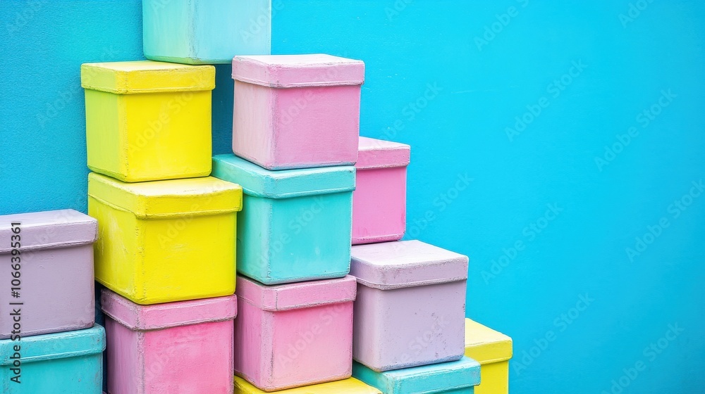 Colorful pastel boxes stacked against bright cyan background Colorful pastel boxes stacked against bright cyan background