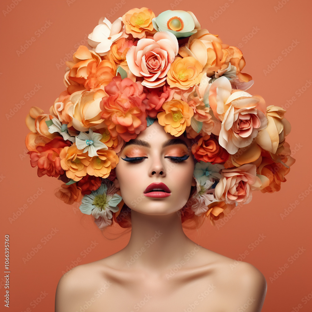 Female portrait with flowers in her head. Creative background with stylish woman. Fashion portrait. Summer style Female portrait with flowers in her head. Creative background with stylish woman. Fashion portrait. Summer style