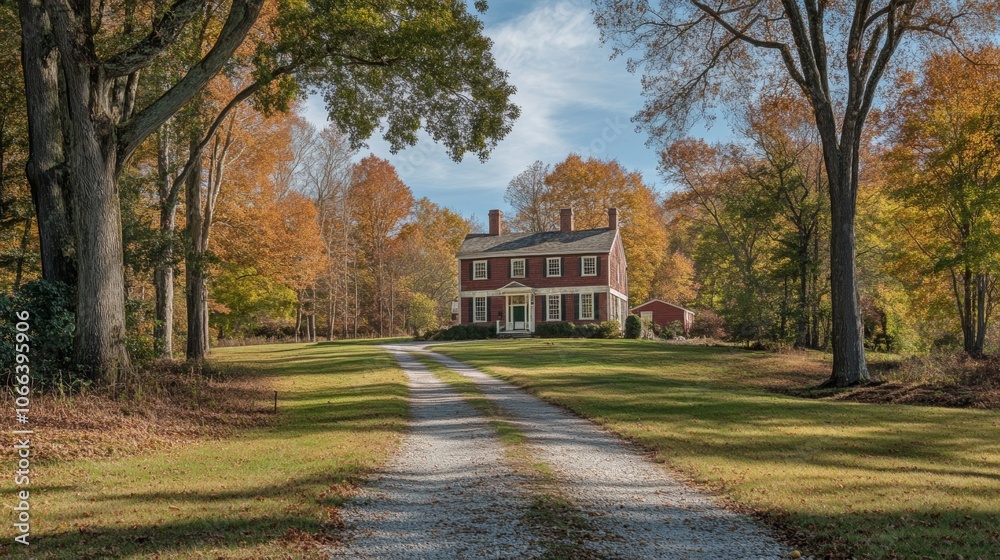 Autumnal Driveway to Historic Colonial Home in Fall Foliage Autumnal Driveway to Historic Colonial Home in Fall Foliage
