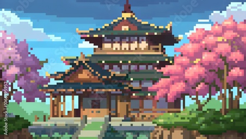 Traditional Japanese temple with cherry blossom during daytime pixel art background. 8-bit game assets