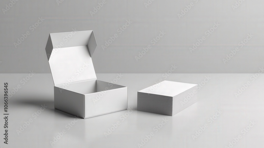 Elegant tarot cards mockup showcasing a blank card box with an open lid and stack of rounded cards, designed for easy customization. Elegant tarot cards mockup showcasing a blank card box with an open lid and stack of rounded cards, designed for easy customization.