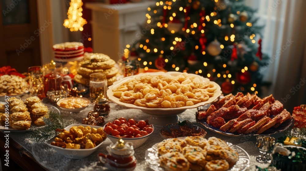 Christmas Dinner table full of dishes with food and snacks, New Year's decor with a Christmas tree on the background. Christmas Dinner table full of dishes with food and snacks, New Year's decor with a Christmas tree on the background.