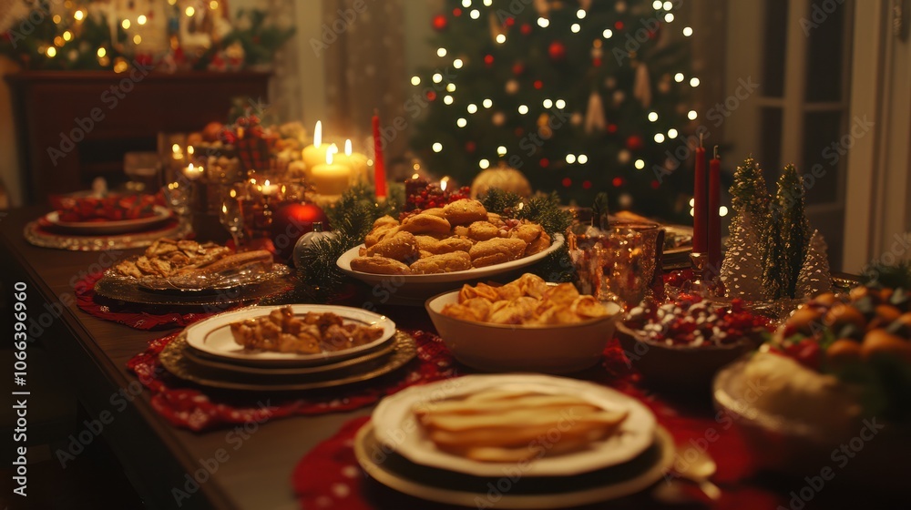 Christmas Dinner table full of dishes with food and snacks, New Year's decor with a Christmas tree on the background. Christmas Dinner table full of dishes with food and snacks, New Year's decor with a Christmas tree on the background.