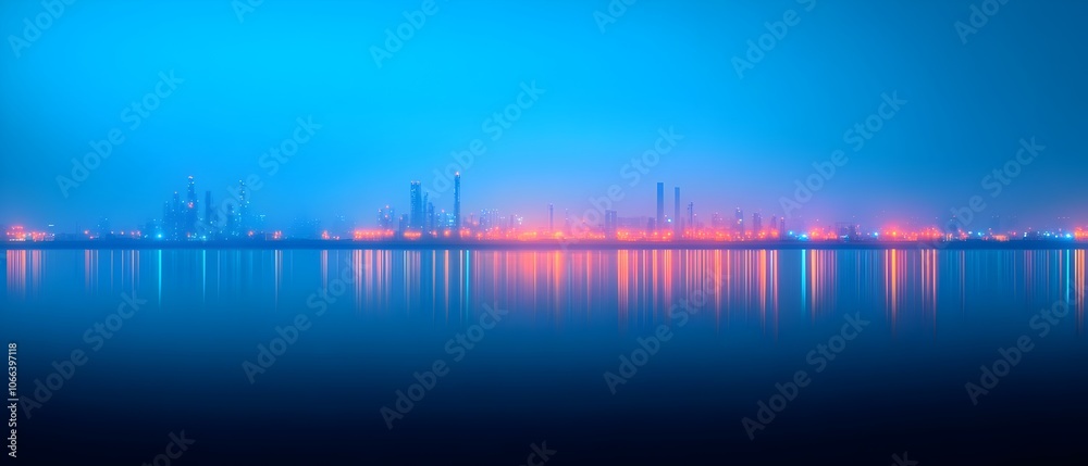 Naklejka premium Stunning nighttime view of a large petrochemical refinery with bright colorful lights illuminating the skyline and infrastructure Crisp reflections on the water create a double exposure effect
