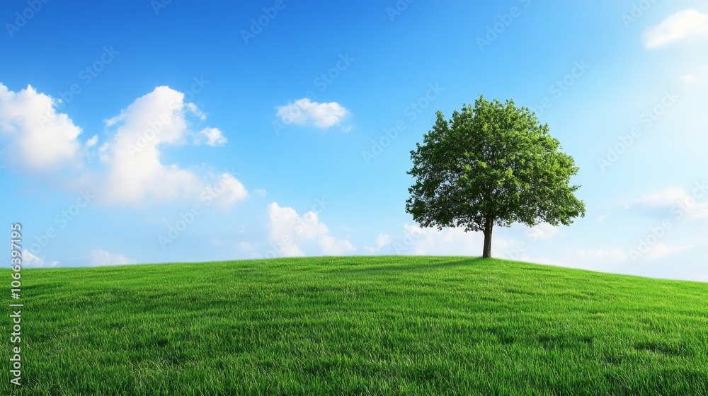 A solitary tree stands on a grassy hill under a bright blue sky with fluffy cloud. A solitary tree stands on a grassy hill under a bright blue sky with fluffy cloud.