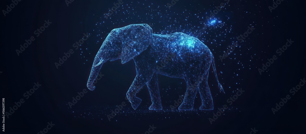 Elephant isolated from low poly wireframe on dark background. Vector polygonal image in the form of a starry sky or space, consisting of points Elephant isolated from low poly wireframe on dark background. Vector polygonal image in the form of a starry sky or space, consisting of points