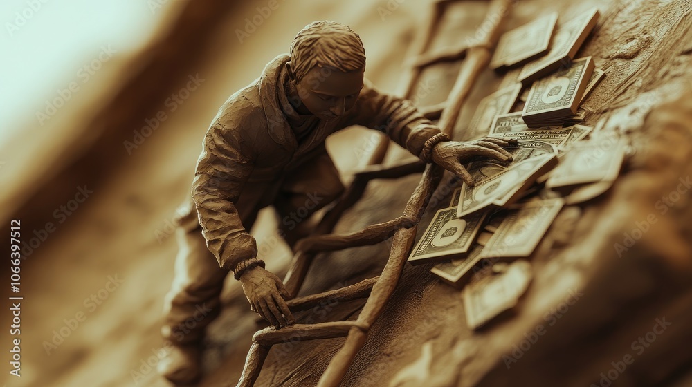 Fototapeta premium Artificially generated clay figure on a ladder to financial achievement, with money waiting at the peak, symbolizing ambition