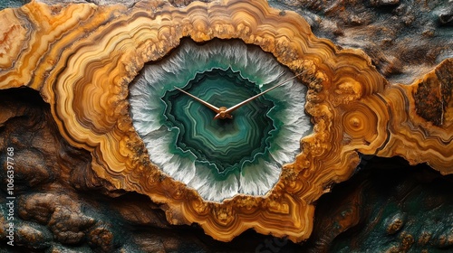 A unique and elegant agate clock with a wooden frame. The clock face is made of agate with a green and white swirl pattern and gold hands. The frame is made of wood with a brown and orange swirl photo