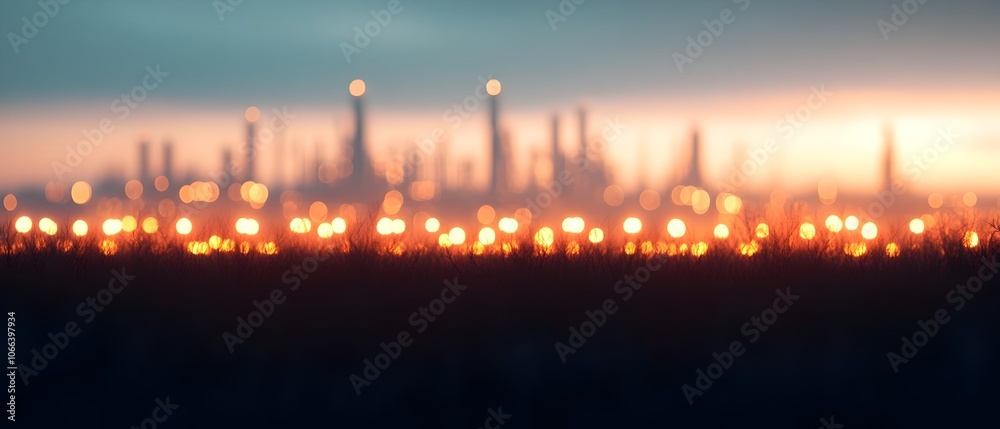 Dramatic night scene of an oil refinery complex with warm glowing industrial lighting silhouetted against the open field and moody sky Dramatic night scene of an oil refinery complex with warm glowing industrial lighting silhouetted against the open field and moody sky