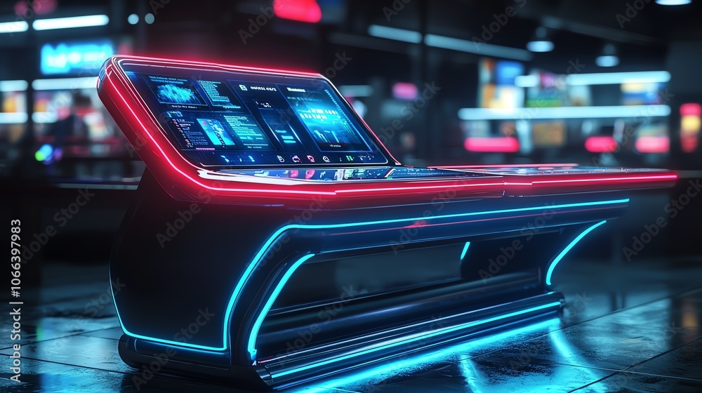 Checkout counter with glowing touch interface, futuristic retail, 3D illustration Checkout counter with glowing touch interface, futuristic retail, 3D illustration