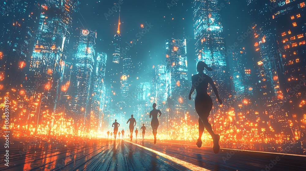 Runners on a night track surrounded by glowing city lights, 3D illustration Runners on a night track surrounded by glowing city lights, 3D illustration