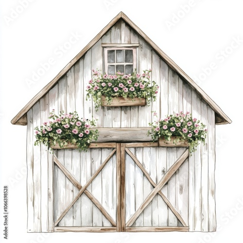 A watercolor clipart of rustic barn with flower boxes on the roof, white background, soft muted earthy colors, low color saturation, hand drawn doodle style photo