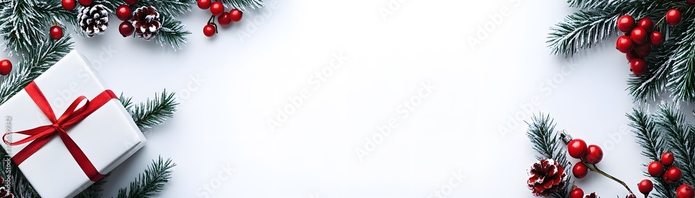 White Gift Box with Red Ribbon and Christmas Decorations White Gift Box with Red Ribbon and Christmas Decorations