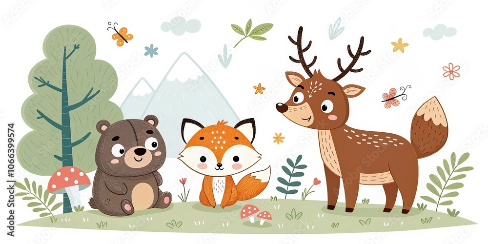 Naklejka premium minimalist cute cartoon north american wildlife background