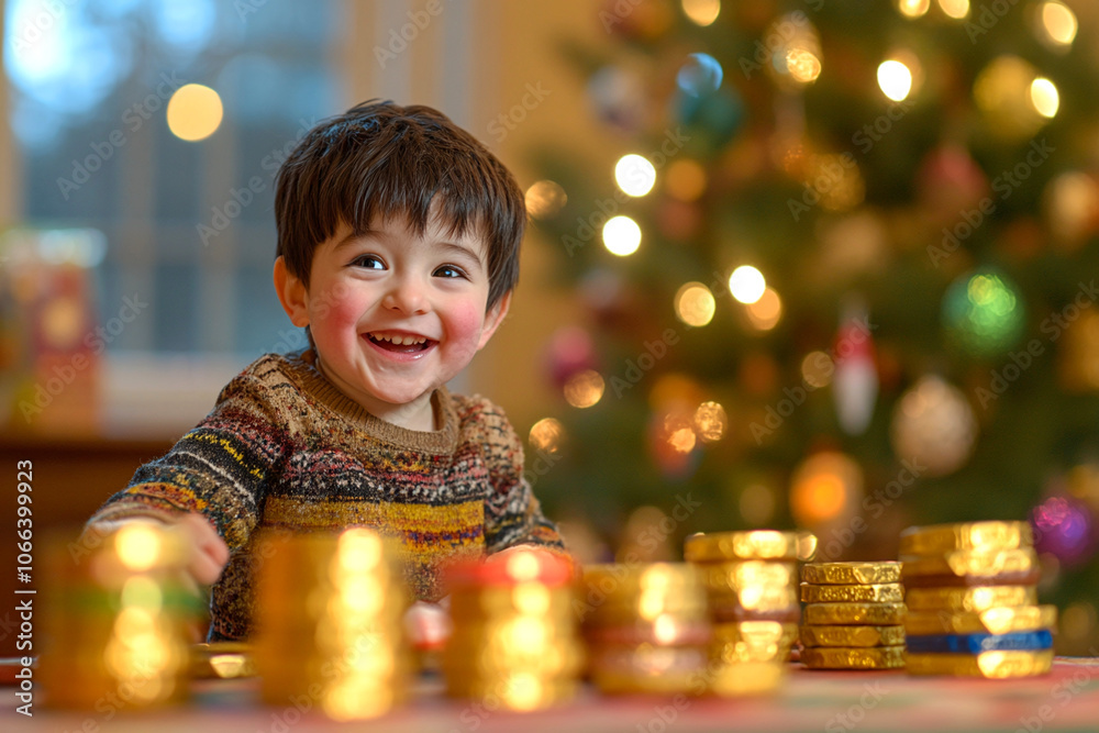 A jewish child playing with Hanukkah gelts A jewish child playing with Hanukkah gelts