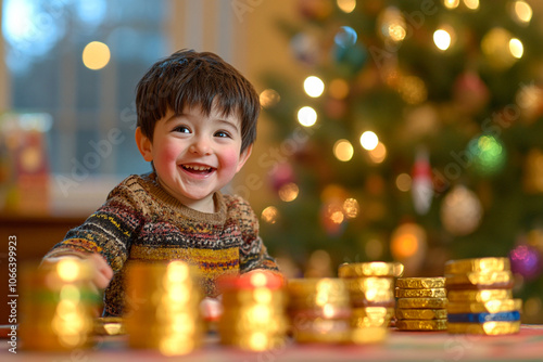 A jewish child playing with Hanukkah gelts photo