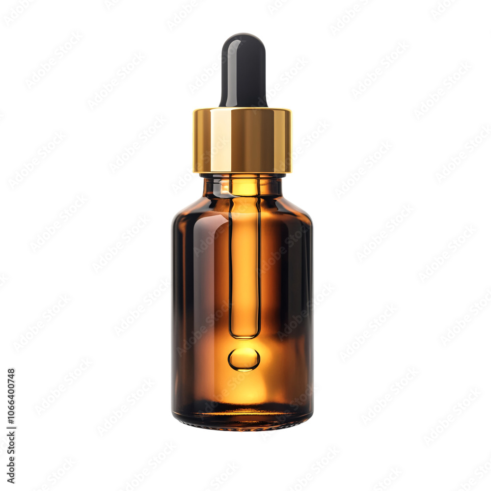 A sleek, amber glass dropper bottle with a gold cap, ideal for storing cosmetic or medicinal oils, exuding a premium aesthetic. A sleek, amber glass dropper bottle with a gold cap, ideal for storing cosmetic or medicinal oils, exuding a premium aesthetic.