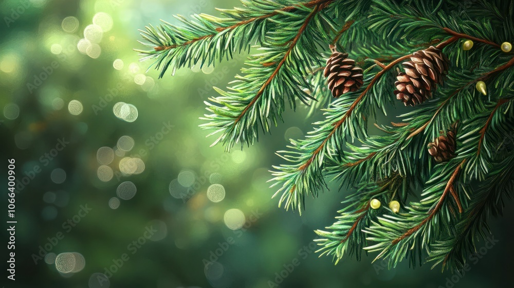 Christmas tree branch with garland in front of green background. Christmas tree branch with garland in front of green background.
