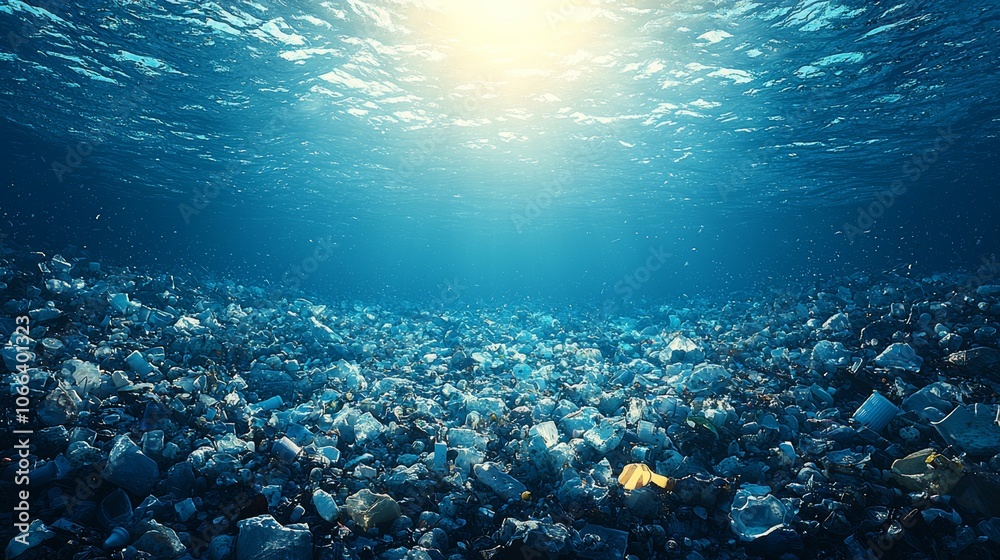 Naklejka premium Underwater Scene of Polluted Ocean with Marine Life