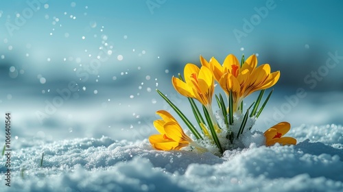 Bright yellow crocus flowers in fresh snow, with light blue sky above.
