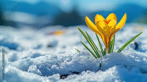 A bright yellow crocus flower pushes up through snow. Sunny day.