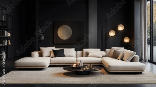 Modern Sectional Sofa in a Minimalist Living Room with Black Walls and a Large Round Abstract Artwork