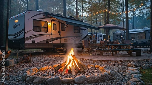 Campfire burning brightly in campground with rvs and string lights