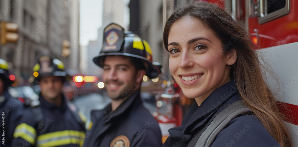 group of smiling female and male firefighters stand proudly in front of fire truck on city street, showcasing teamwork and dedication group of smiling female and male firefighters stand proudly in front of fire truck on city street, showcasing teamwork and dedication