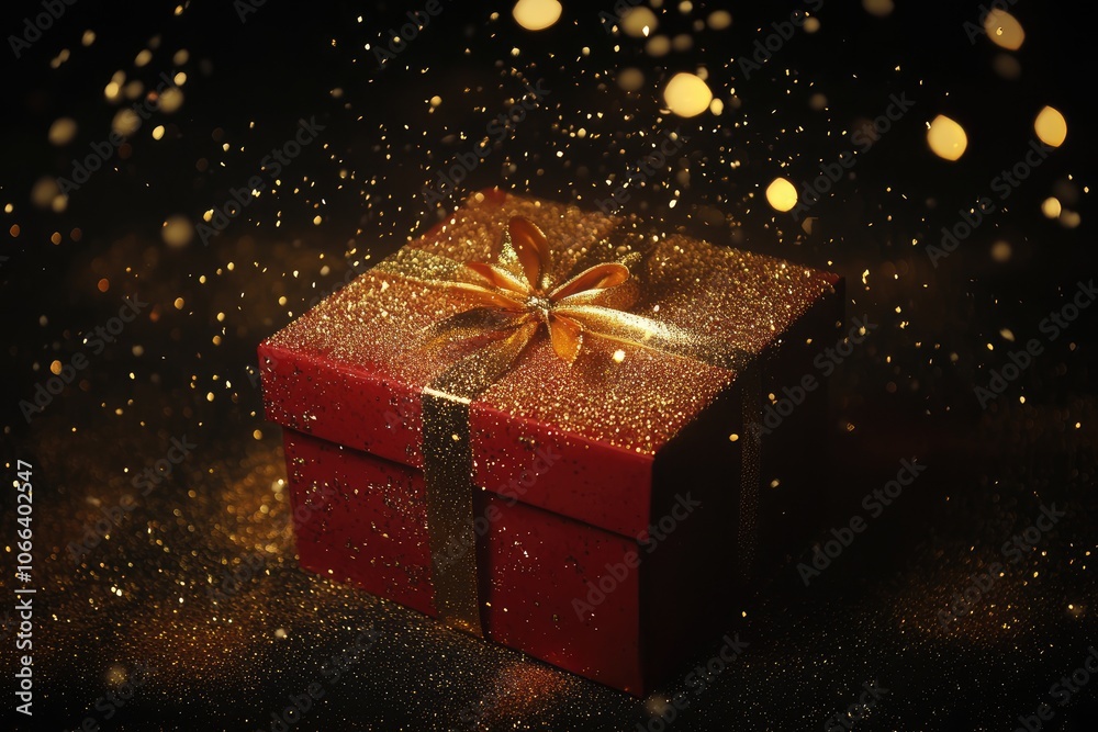 Exquisite Christmas Gift with Red Packaging Box Tied in Golden Silk and Sparkling Gold Powder Exquisite Christmas Gift with Red Packaging Box Tied in Golden Silk and Sparkling Gold Powder