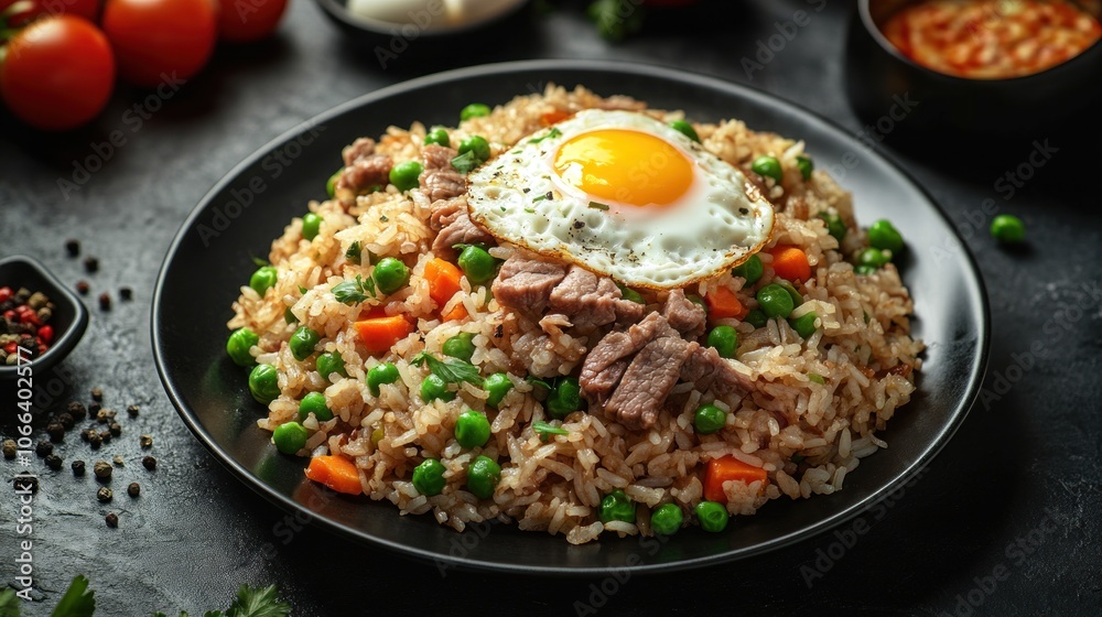 Fried Rice with Beef, Peas, Carrots and a Fried Egg Fried Rice with Beef, Peas, Carrots and a Fried Egg