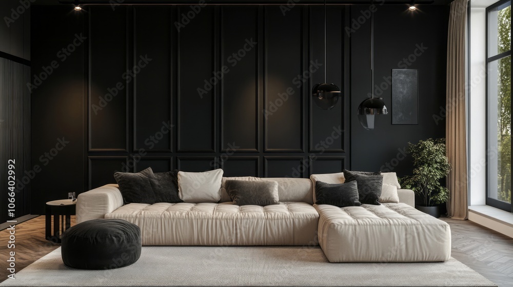 Modern living room interior with a beige sectional sofa, black walls, and a rug. Modern living room interior with a beige sectional sofa, black walls, and a rug.
