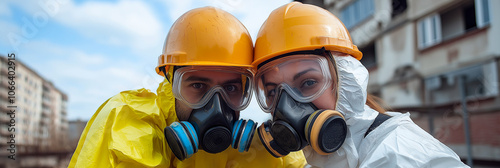 Two workers in protective suits and helmets stand closely together, wearing gas masks in urban environment, highlighting safety and teamwork photo